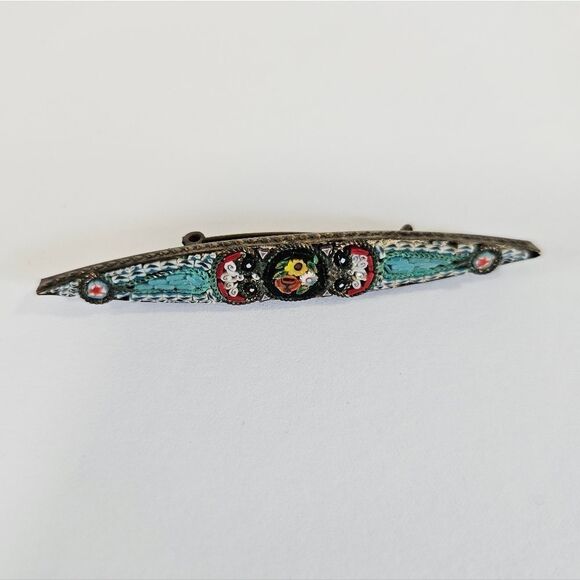 vintage Jewelry - Vintage Millefiori Italian Glass Micro Mosaic Floral Inlaid Roman Bar Brooch Pin